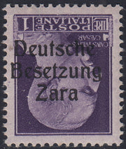 RM10_31 - 1943 - Occupazione tedesca di Zara, L. 1 violetto soprastampato "Deutsche Besetzung Zara" CAPOVOLTO nuovo con gomma originale (9b)