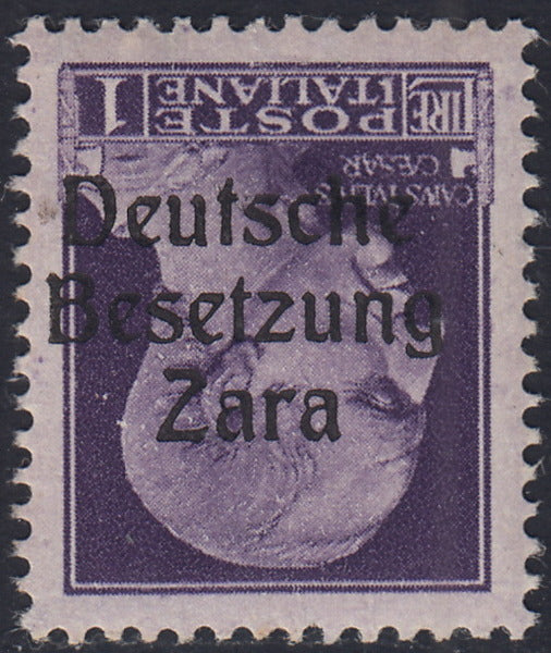 RM10_31 - 1943 - Occupazione tedesca di Zara, L. 1 violetto soprastampato "Deutsche Besetzung Zara" CAPOVOLTO nuovo con gomma originale (9b)