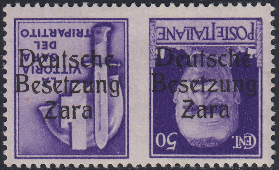 RM10_30 - 1943 - Occupazione tedesca di Zara, Propaganda di Guerra c.50 violetto vignetta tipo "A" soprastampato "Deutsche Besetzung Zara" CAPOVOLTO nuovo con gomma integra (21b)