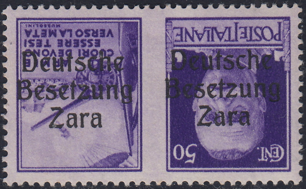 RM10_33 - 1943 - Occupazione tedesca di Zara, Propaganda di Guerra c.50 violetto vignetta tipo "C" soprastampato "Deutsche Besetzung Zara" CAPOVOLTO nuovo con gomma integra (23b)