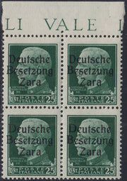 RM10_34 - 1943 - Occupazione tedesca di Zara, c. 25 verde blocco di quattro esemplari soprastampato "Deutsche Besetzung Zara" contenente TRE TIPI differenti nuovo con gomma integra (5/I + 5/II + 5/II + 5/III)