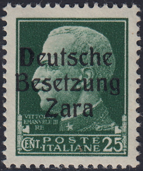 RM10_35 - 1943 - Occupazione tedesca di Zara, c. 25 verde soprastampato "Deutsche Besetzung Zara" del IV tipo nuovo con gomma originale (5/IV)