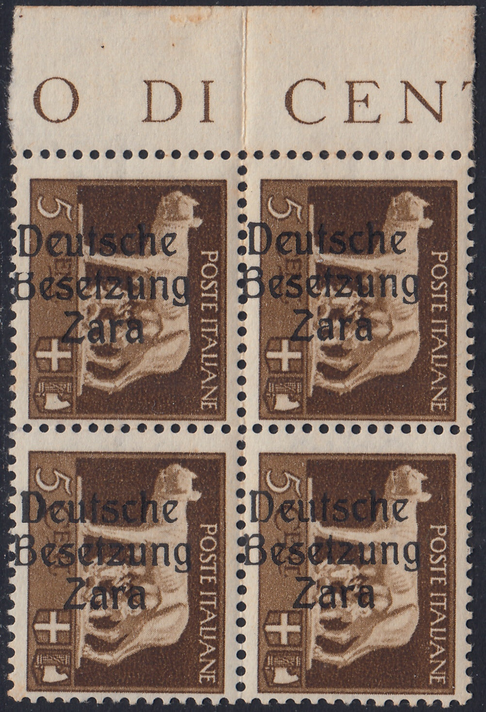 RM10_36 - 1943 - Occupazione tedesca di Zara, c. 5 bruno quartina soprastampata "Deutsche Besetzung Zara" fortemente spostata a sinistra nuova con gomma integra (1db/I+1db/IV)