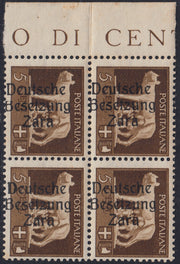 RM10_36 - 1943 - Occupazione tedesca di Zara, c. 5 bruno quartina soprastampata "Deutsche Besetzung Zara" fortemente spostata a sinistra nuova con gomma integra (1db/I+1db/IV)