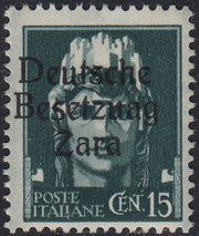 RM10_3 - 1943 - Occupazione tedesca di Zara, c. 15 verde grigio soprastampato "Deutsche BesetzuAg Zara" nuovo con gomma integra (3a)