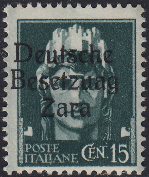 RM10_3 - 1943 - Occupazione tedesca di Zara, c. 15 verde grigio soprastampato "Deutsche BesetzuAg Zara" nuovo con gomma integra (3a)