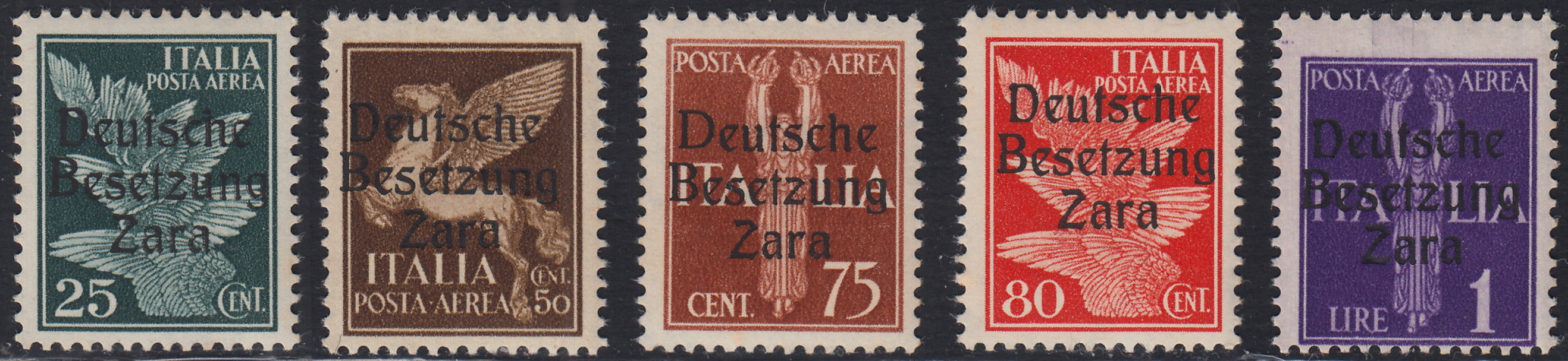 RM10_41 - 1943 - Occupazione tedesca di Zara, Posta Aerea serietta dei primi cinque valori soprastampata "Deutsche Besetzung Zara" nuova con gomma integra (1/5)