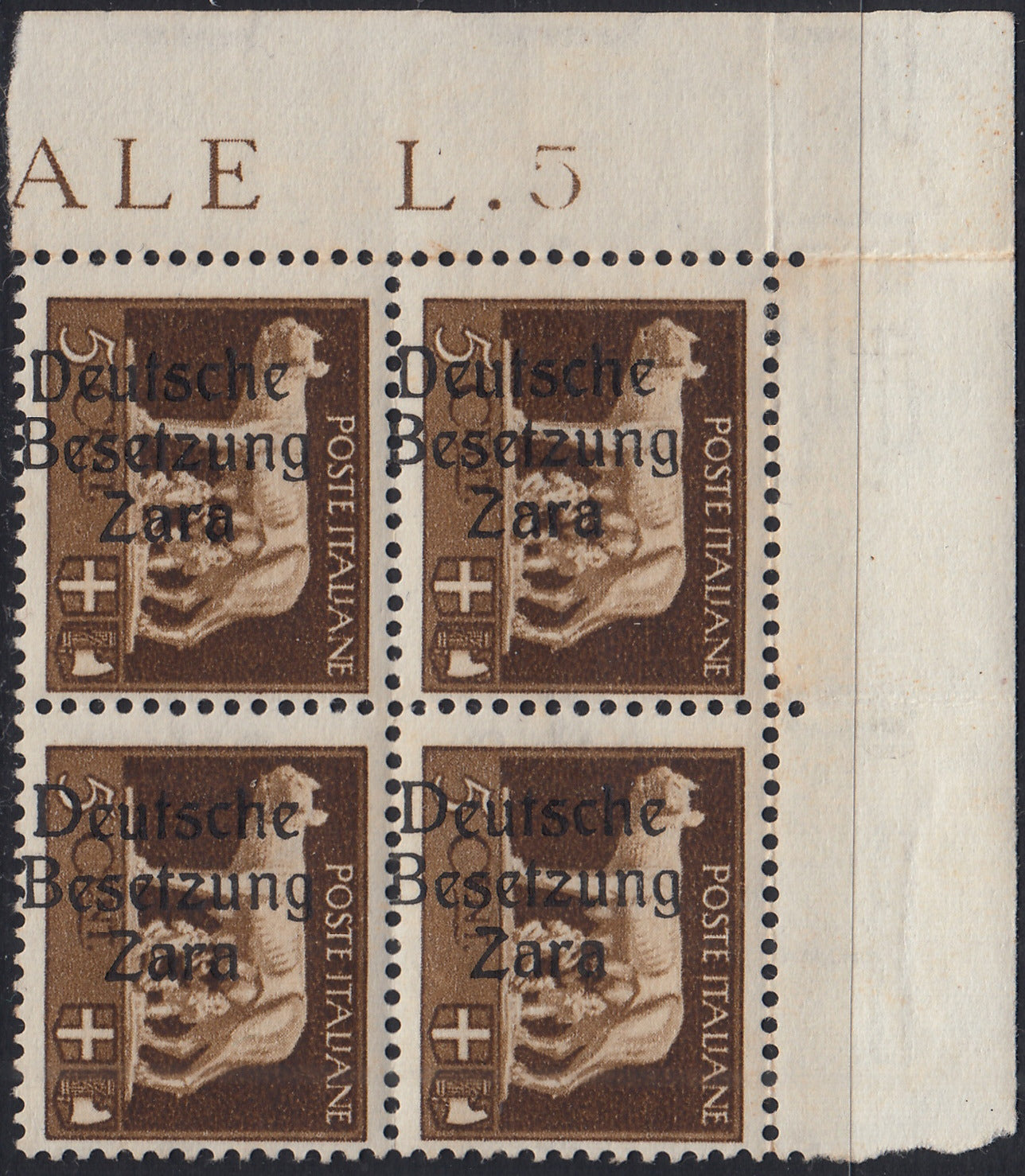 RM10_42 - 1943 - Occupazione tedesca di Zara, c. 5 bruno quartina soprastampata "Deutsche Besetzung Zara" nuova con gomma integra (1/I, 1/II)