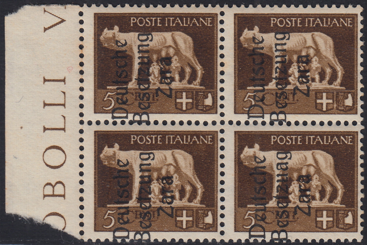 RM10_43 - 1943 - Occupazione tedesca di Zara, c. 5 bruno quartina soprastampata "Deutsche Besetzung Zara" fortemente postata a sinistra nuova con gomma integra (1/I+1/II)
