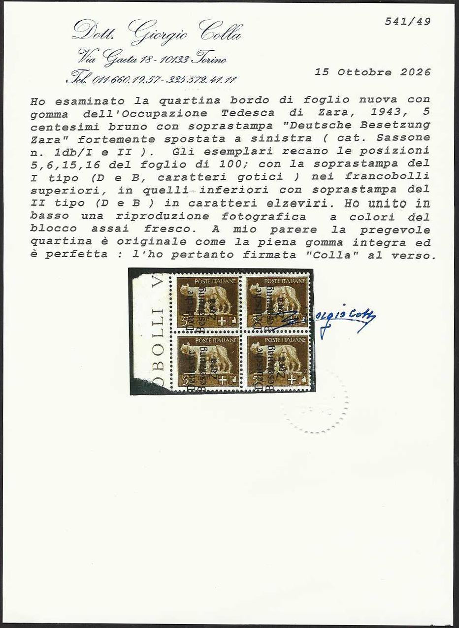 COLLA - RM10_43 - 1943 - Deutsche Besetzung von Zara, ca. 5 braun, Viererblock mit Aufdruck „Deutsche Besetzung Zara“, stark nach links versetzt, postfrisch mit unberührter Gummierung (1/I+1/II)