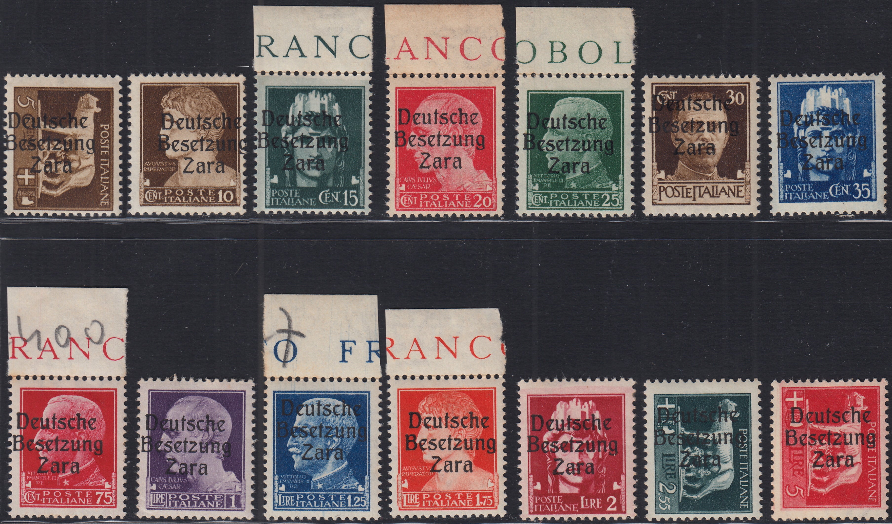 RM10_45 - 1943 - Occupazione tedesca di Zara, serietta di 14 valori soprastampati "Deutche Beseztung Zara" nuova con gomma originale (1/13 + 15. S3)