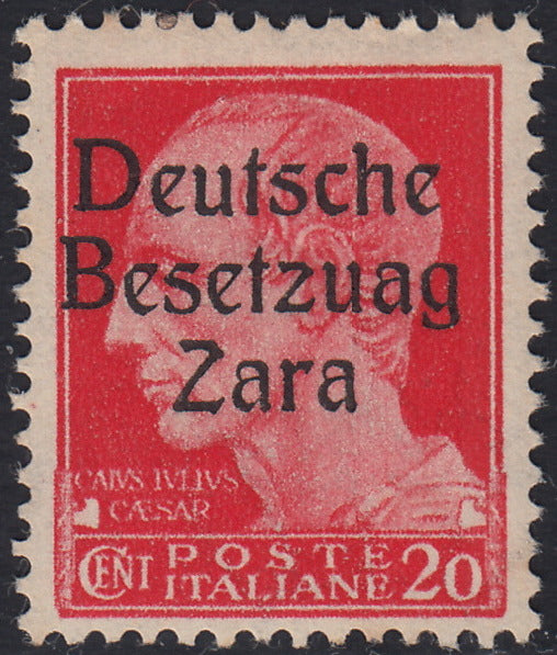 RM10_4 - 1943 - Occupazione tedesca di Zara, c. 20 carminio soprastampato "Deutsche BesetzuAg Zara" nuovo con gomma integra (4a)