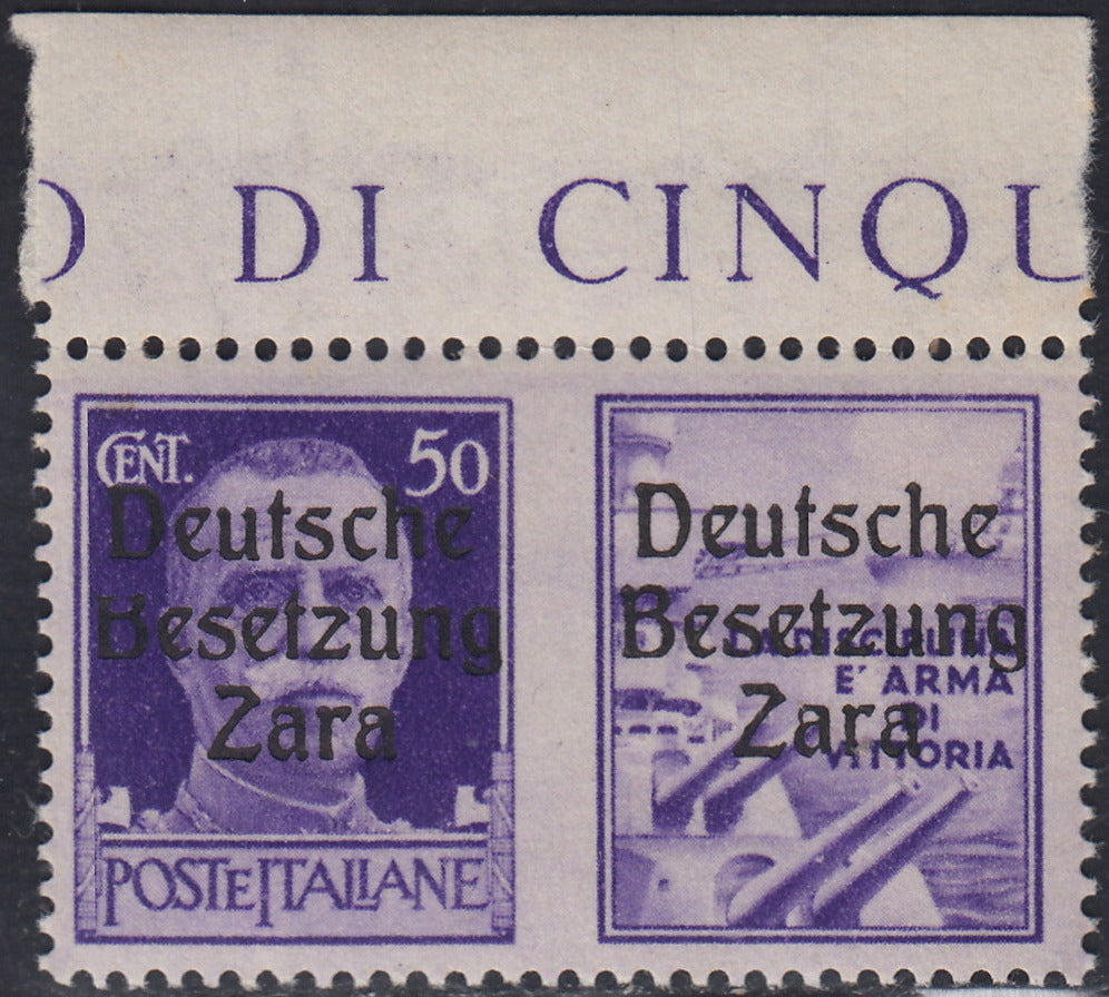 RM10_58 - 1943 - Occupazione tedesca di Zara, Propaganda di Guerra, c. 50 violetto (IV) soprastampato "Deutsche Besetzung Zara" e varietà tipografica "B" tagliata in alto nuovo con gomma integra (23h)