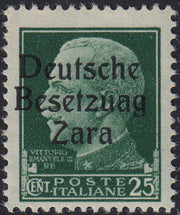 RM10_5 - 1943 - Occupazione tedesca di Zara, c. 25 verde soprastampato "Deutsche BesetzuAg Zara" nuovo con gomma integra (5a)