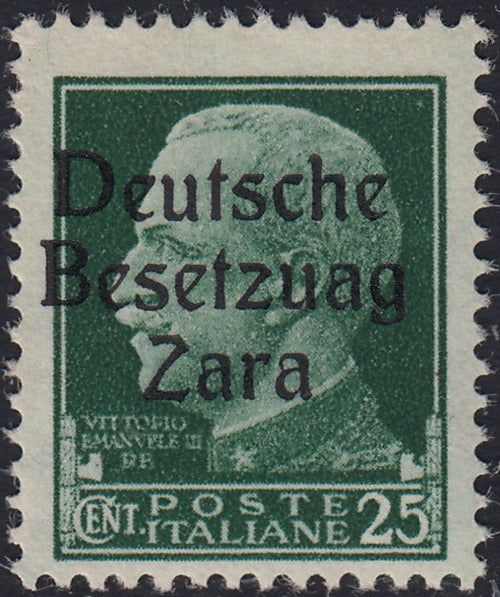 RM10_5 - 1943 - Occupazione tedesca di Zara, c. 25 verde soprastampato "Deutsche BesetzuAg Zara" nuovo con gomma integra (5a)