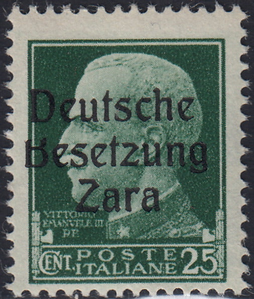 RM10_63 - 1943 - Occupazione tedesca di Zara, c. 25 verde soprastampato "Deutsche Besetzung Zara" e varietà tipografica "B" tagliata in alto nuovo con gomma integra (5h)