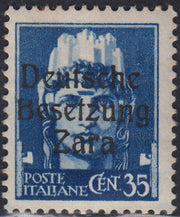 RM10_65 - 1943 - German Occupation of Zara, c. 35 blue overprinted "Deutsche Besetzung Zara" and typographic variety "B" cut off at top, mint with original gum (7h)