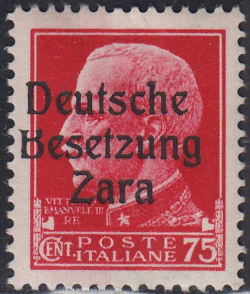 RM10_66 - 1943 - Occupazione tedesca di Zara, c. 75 carminio soprastampato "Deutsche Besetzung Zara" e varietà tipografica "B" tagliata in alto nuovo con gomma integra (8h)
