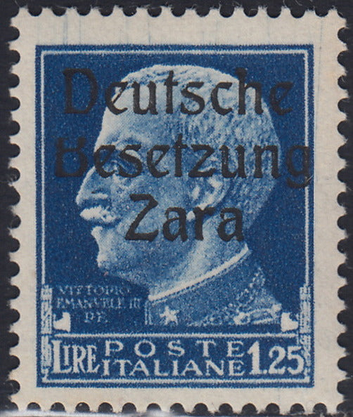 RM10_68 - 1943 - Occupazione tedesca di Zara, L. 1,25 azzurro soprastampato "Deutsche Besetzung Zara" e varietà tipografica "B" tagliata in alto nuovo con gomma integra (10h)