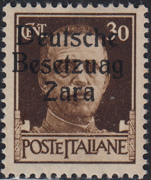 RM10_6 - 1943 - Occupazione tedesca di Zara, c. 30 bruno soprastampato "Deutsche BesetzuAg Zara" nuovo con gomma integra (6a)