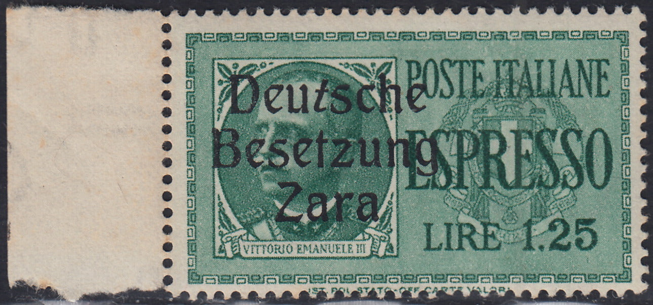 RM10_72 - 1943 - Occupazione tedesca di Zara, Espresso L. 1,25 verde soprastampato "Deutsche BesetzuUg Zara" varietà "T" inclinata  nuovo con gomma integra (1t)