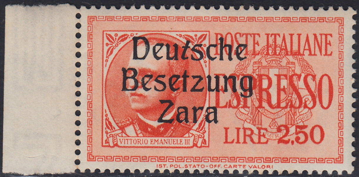 RM10_73 - 1943 - Occupazione tedesca di Zara, Espresso L. 2,50 arancio soprastampato "Deutsche BesetzuUg Zara" varietà "T" inclinata  nuovo con gomma integra (2t)