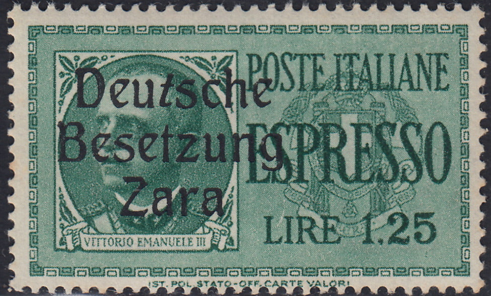 RM10_75 - 1943 - Occupazione tedesca di Zara, Espresso L. 1,25 verde soprastampato "Deutsche BesetzuUg Zara" varietà "T" inclinata  nuovo con gomma integra (1t)