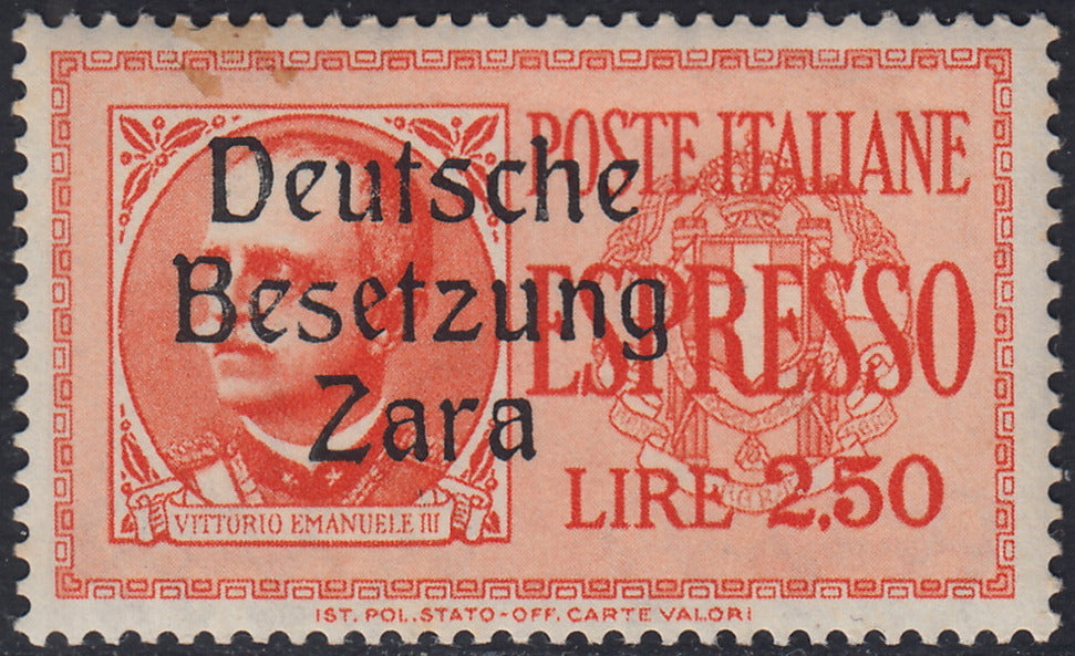 RM10_76 - 1943 - Occupazione tedesca di Zara, Espresso L. 2,50 arancio soprastampato "Deutsche BesetzuUg Zara" varietà seconda "e" di "besetzung" di carattere diverso  nuovo con gomma integra (2o)