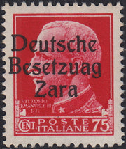 RM10_7 - 1943 - Occupazione tedesca di Zara, c. 75 carminio soprastampato "Deutsche BesetzuAg Zara" nuovo con gomma integra (8a)