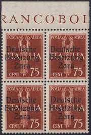 RM10_81 - 1943 - Occupazione tedesca di Zara, Posta Aerea di Regno c. 80 bruno giallo soprastampato "Deutsche Besetzung Zara" blocco di quattro esemplari di cui uno con varietà "BesetzuAg" nuovi con gomma integra (3 + 3a)