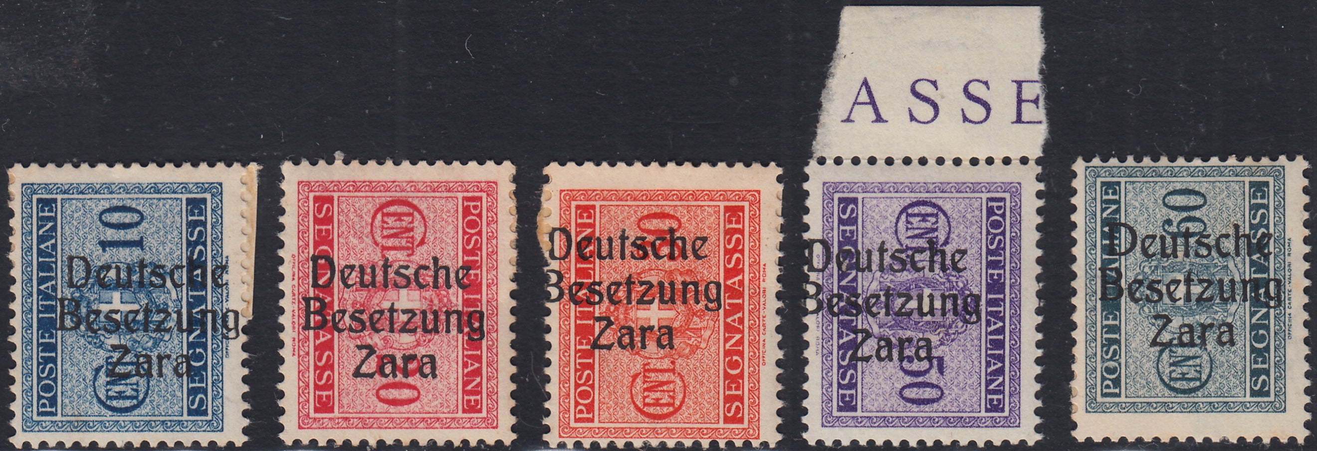 RM10_82 - 1943 - Occupazione tedesca di Zara, Segnatasse di Regno serietta di cinque esemplari soprastampati "Deutsche Besetzung Zara" nuovi con gomma originale (2, 3, 5, 7, 8)