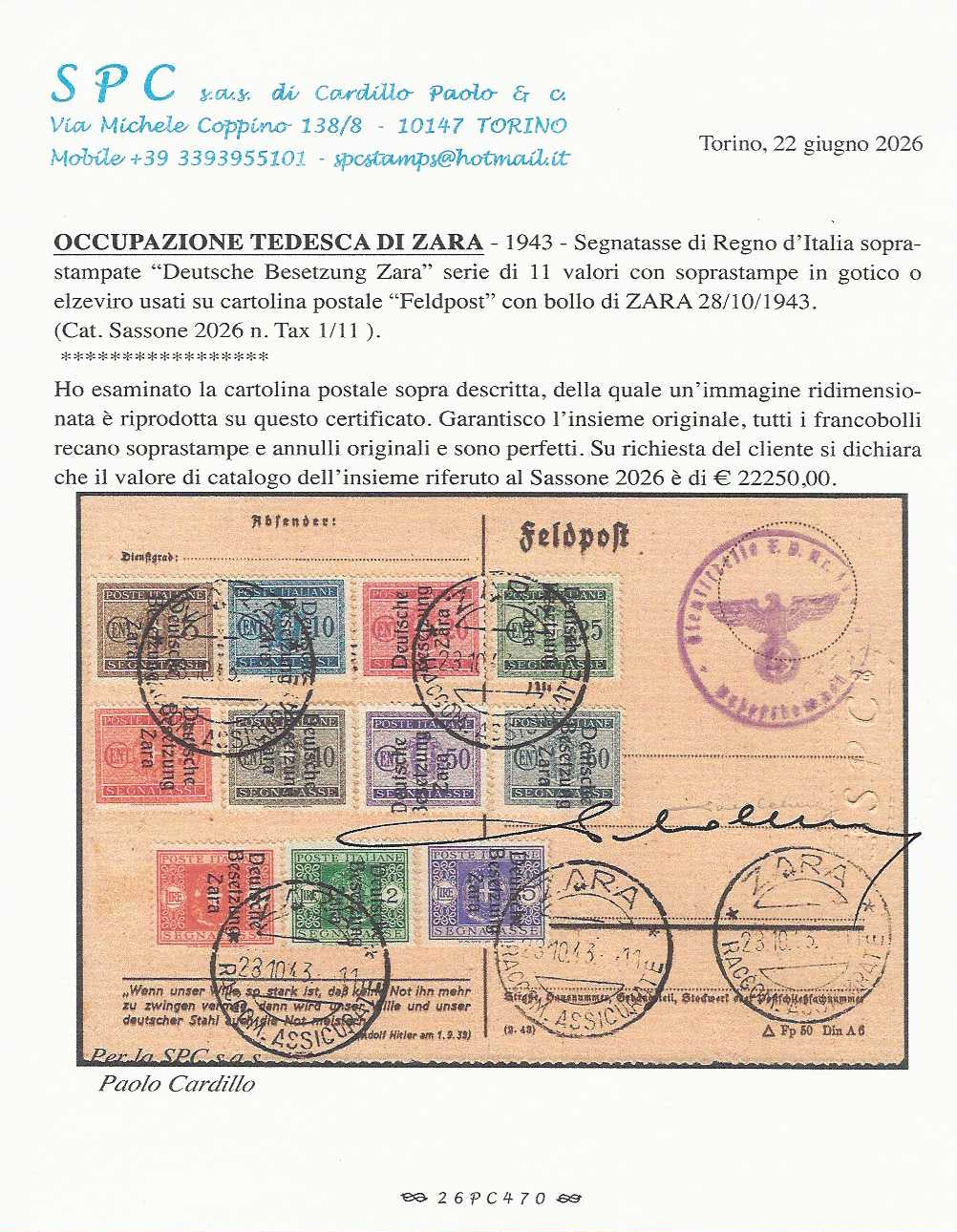 RM10_84 - 1943 - Occupazione tedesca di Zara, Segnatasse con soprastampe "Deutsche / Besetzung / Zara" usate su FELDPOST con annulli ZARA 28/10/43 (1/11)