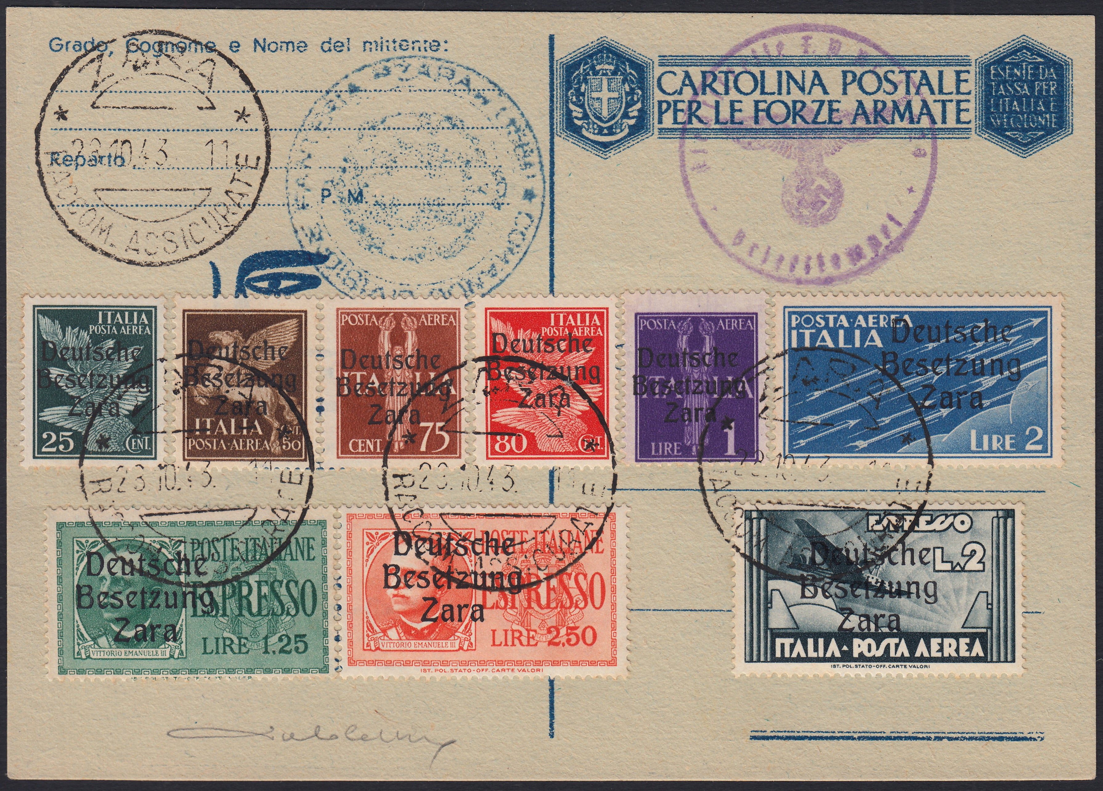 RM10_85 - 1943 - Occupazione tedesca di Zara, serie di Posta Aerea + Espressi con soprastampe "Deutsche / Besetzung / Zara" usata su busta commemorativa con annulli ZARA 28/10/43 (1/6+9+Exp1, 2)
