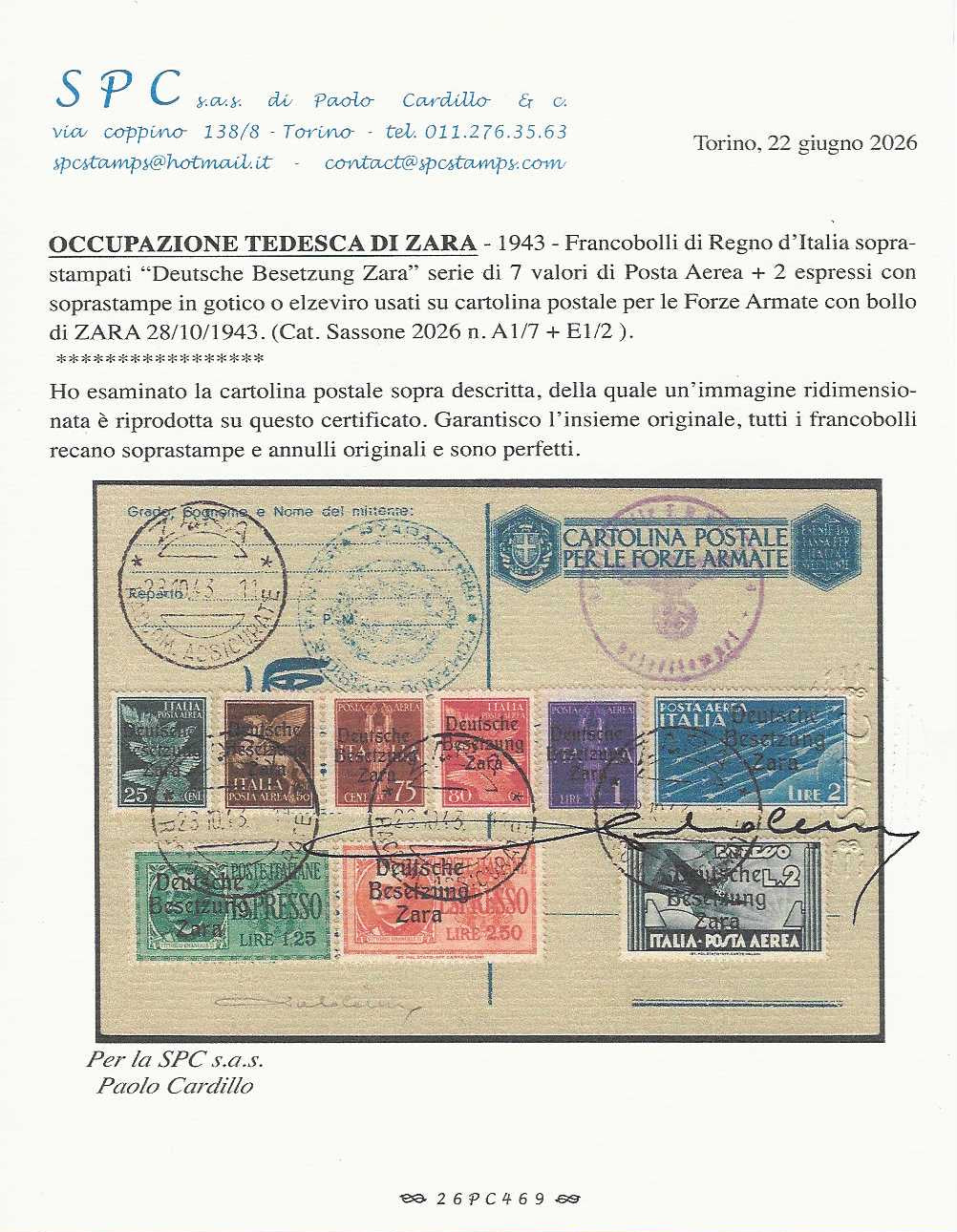 RM10_85 - 1943 - Occupazione tedesca di Zara, serie di Posta Aerea + Espressi con soprastampe "Deutsche / Besetzung / Zara" usata su busta commemorativa con annulli ZARA 28/10/43 (1/6+9+Exp1, 2)