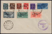 RM10_86 - 1943 - Occupazione tedesca di Zara, serie di Posta Aerea + espressi con soprastampe "Deutsche / Besetzung / Zara" usata su busta commemorativa con annulli ZARA 28/10/43 (1/6 + 9. + exp 1,2)