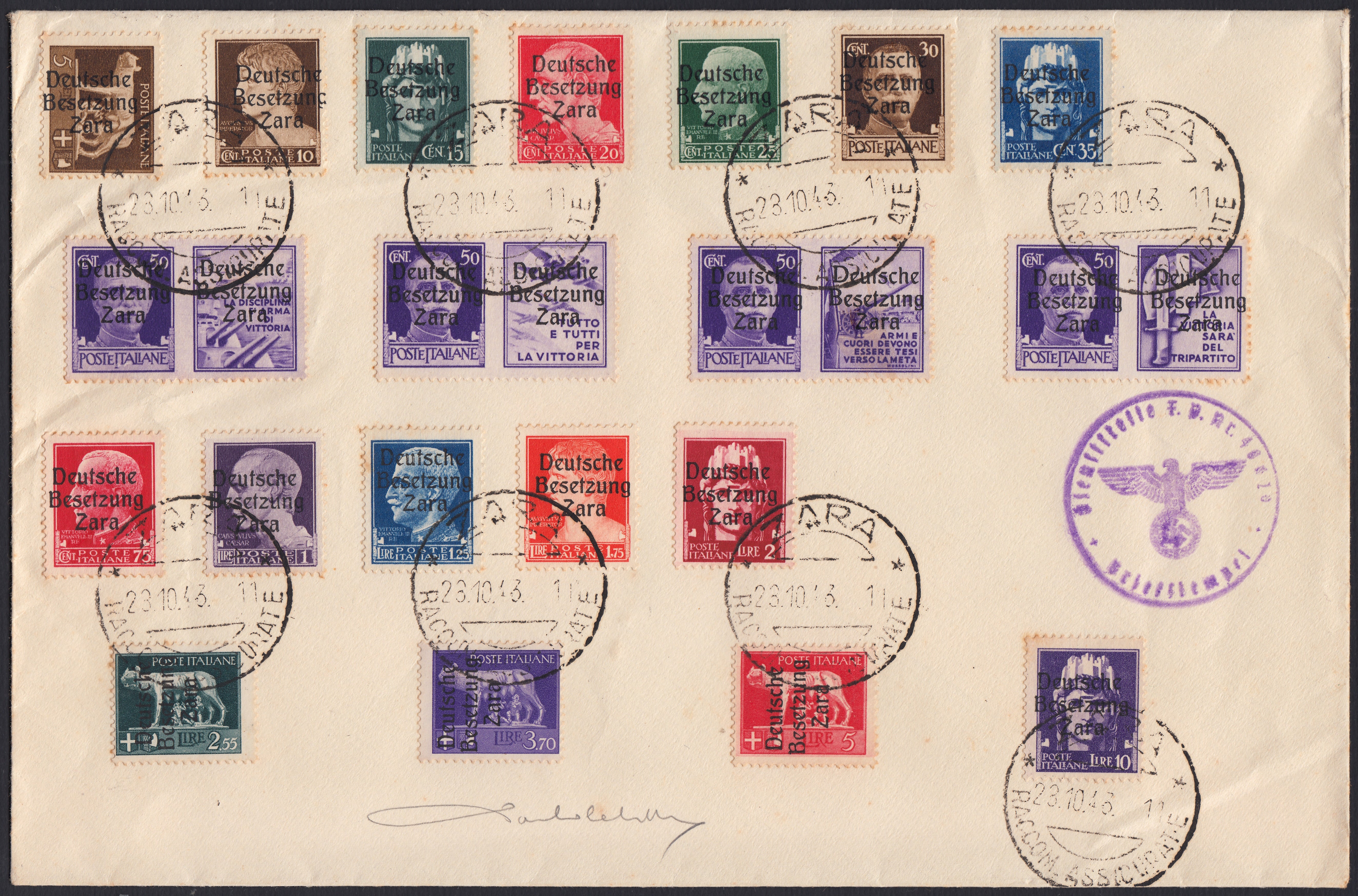 RM10_87 - 1943 - Occupazione tedesca di Zara, Posta Ordinaria e Propaganda di Guerra, 20 valori soprastampati "Deutsche / Besetzung / Zara" usati su Bustone Commemorativo con annulli ZARA 28/10/43 (1/16 + 20/23)