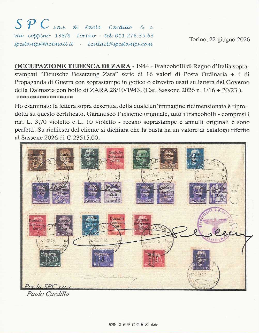 RM10_87 - 1943 - Occupazione tedesca di Zara, Posta Ordinaria e Propaganda di Guerra, 20 valori soprastampati "Deutsche / Besetzung / Zara" usati su Bustone Commemorativo con annulli ZARA 28/10/43 (1/16 + 20/23)