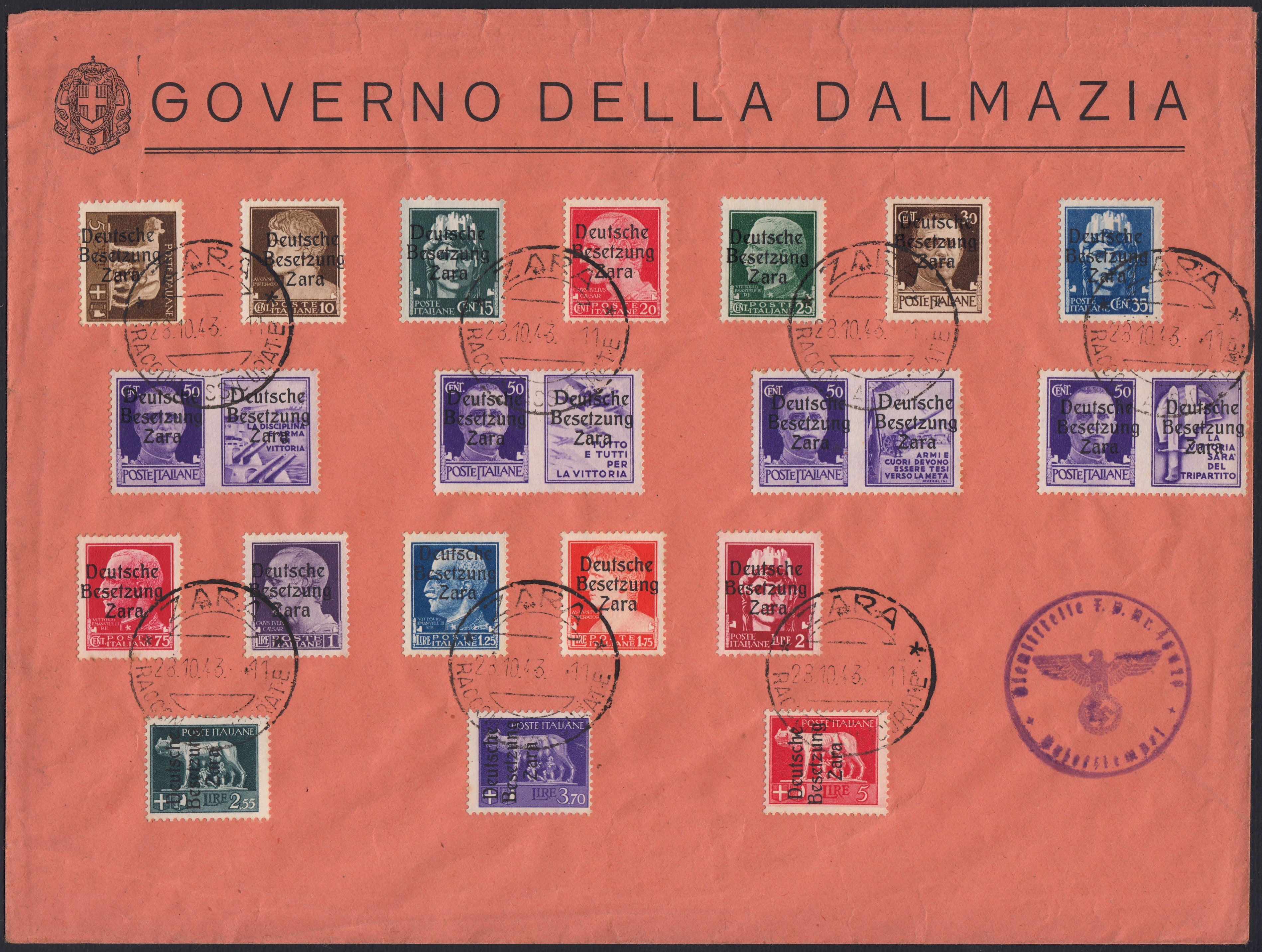 RM10_88 - 1943 - Occupazione tedesca di Zara, Posta Ordinaria e Propaganda di Guerra, 19 valori soprastampati "Deutsche / Besetzung / Zara" usati su Bustone Commemorativo con annulli ZARA 28/10/43 (1/15 + 20/23)