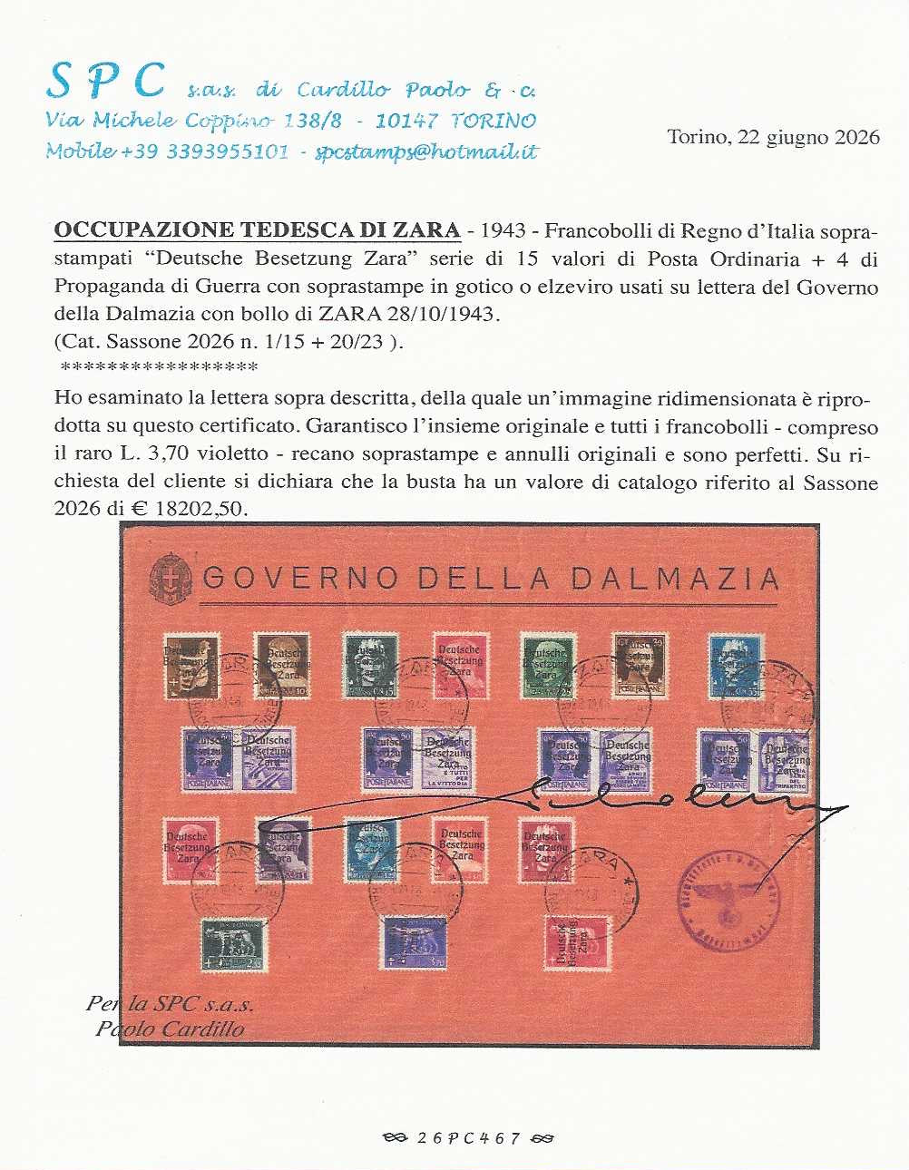 RM10_88 - 1943 - Occupazione tedesca di Zara, Posta Ordinaria e Propaganda di Guerra, 19 valori soprastampati "Deutsche / Besetzung / Zara" usati su Bustone Commemorativo con annulli ZARA 28/10/43 (1/15 + 20/23)