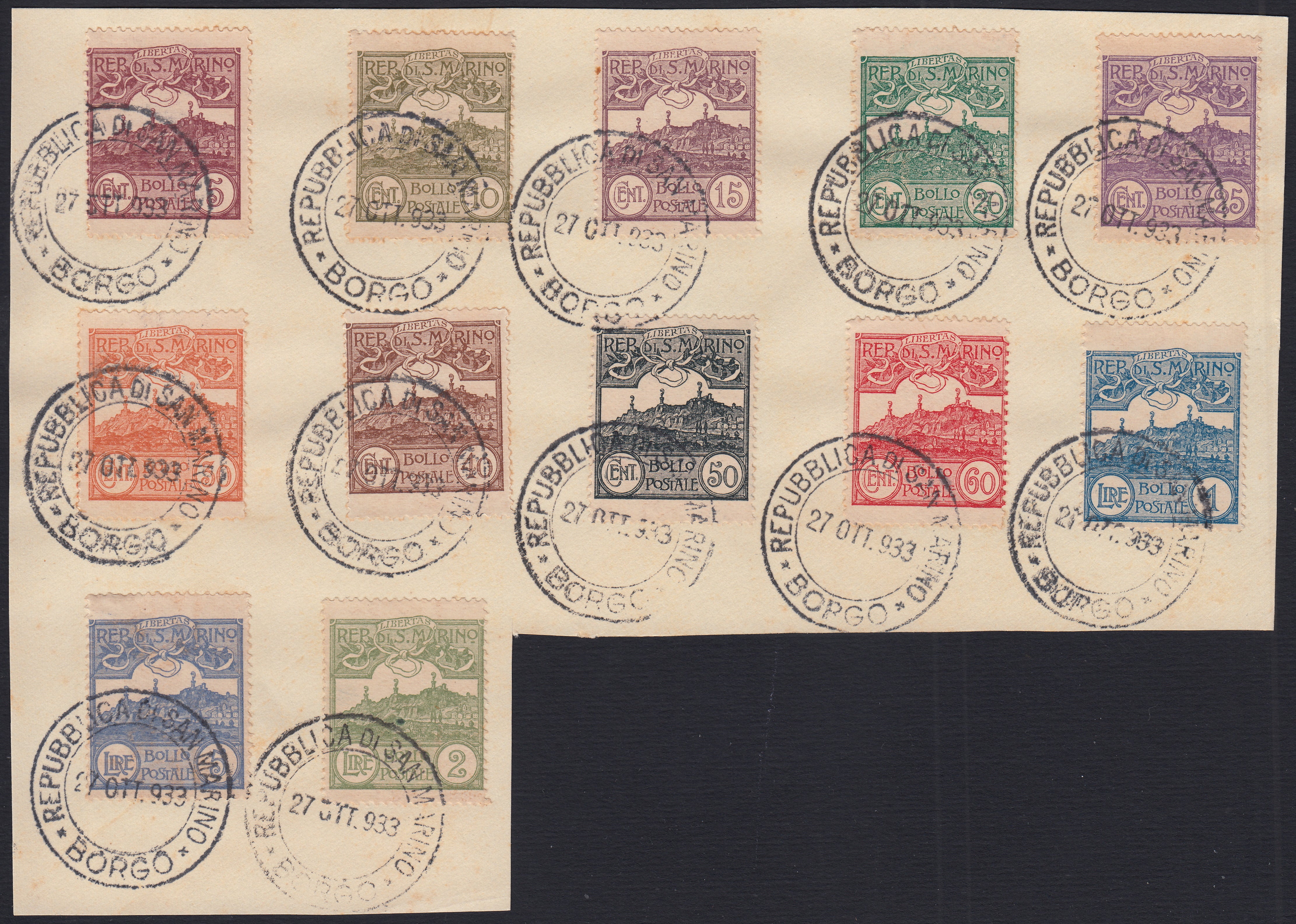 RM10_90 - 1924 - Veduta di San Marino, serie completa di 12 valori usati su cartoncino commemorativo 27/10/1933 (107/118)