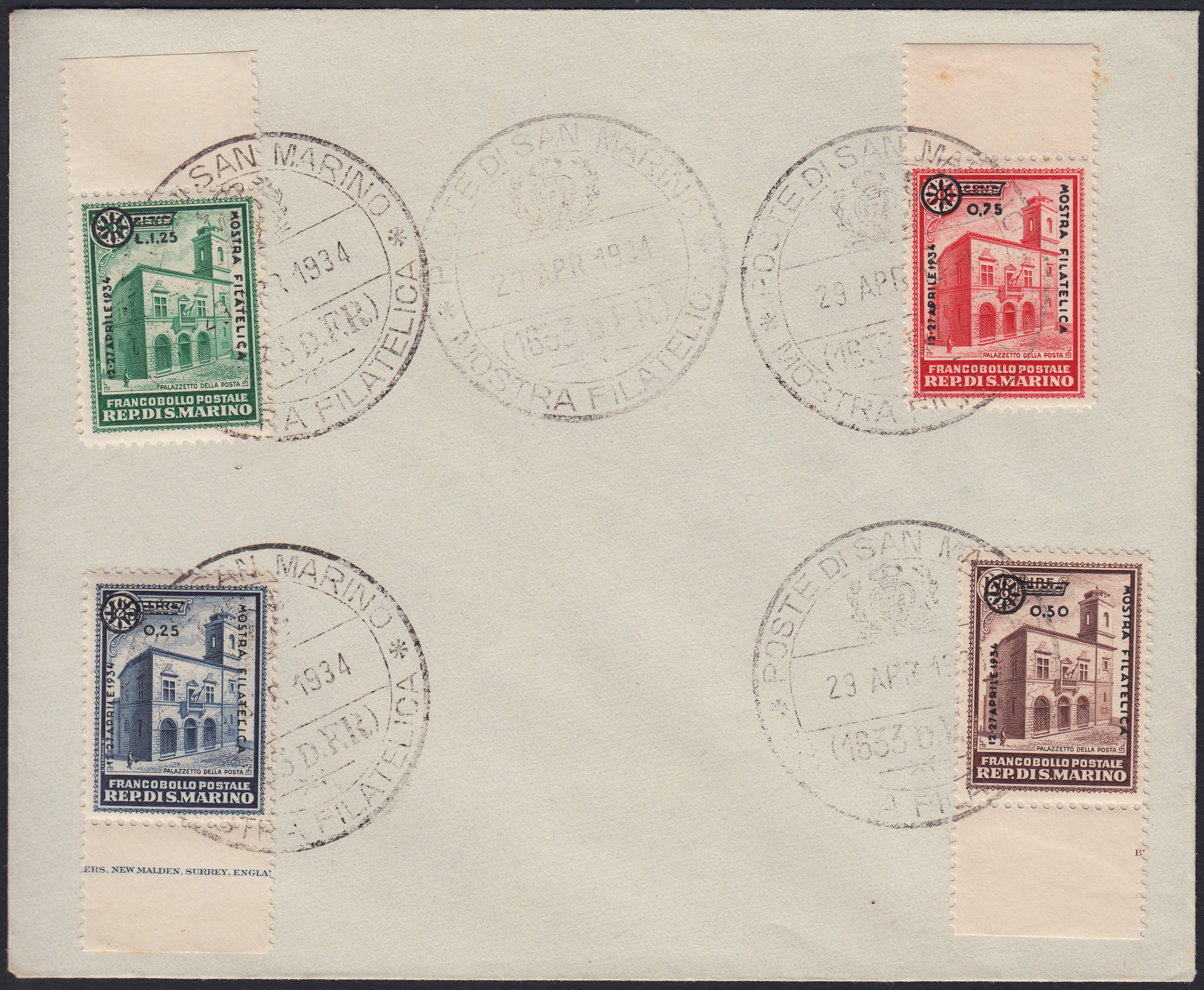 RM10_93 - 1934 - Fiera di Milano, serie "Palazzetto della posta" soprastampata con diiture dedicate, serie completa su cartoncino commemrativo del 29/4/1934 (180/183)