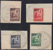 RM10_94 - 1934 - Fiera di Milano, serie "Palazzetto della posta" soprastampata con diiture dedicate, serie completa su frammento con annullo del 29/4/1934 (180/183)
