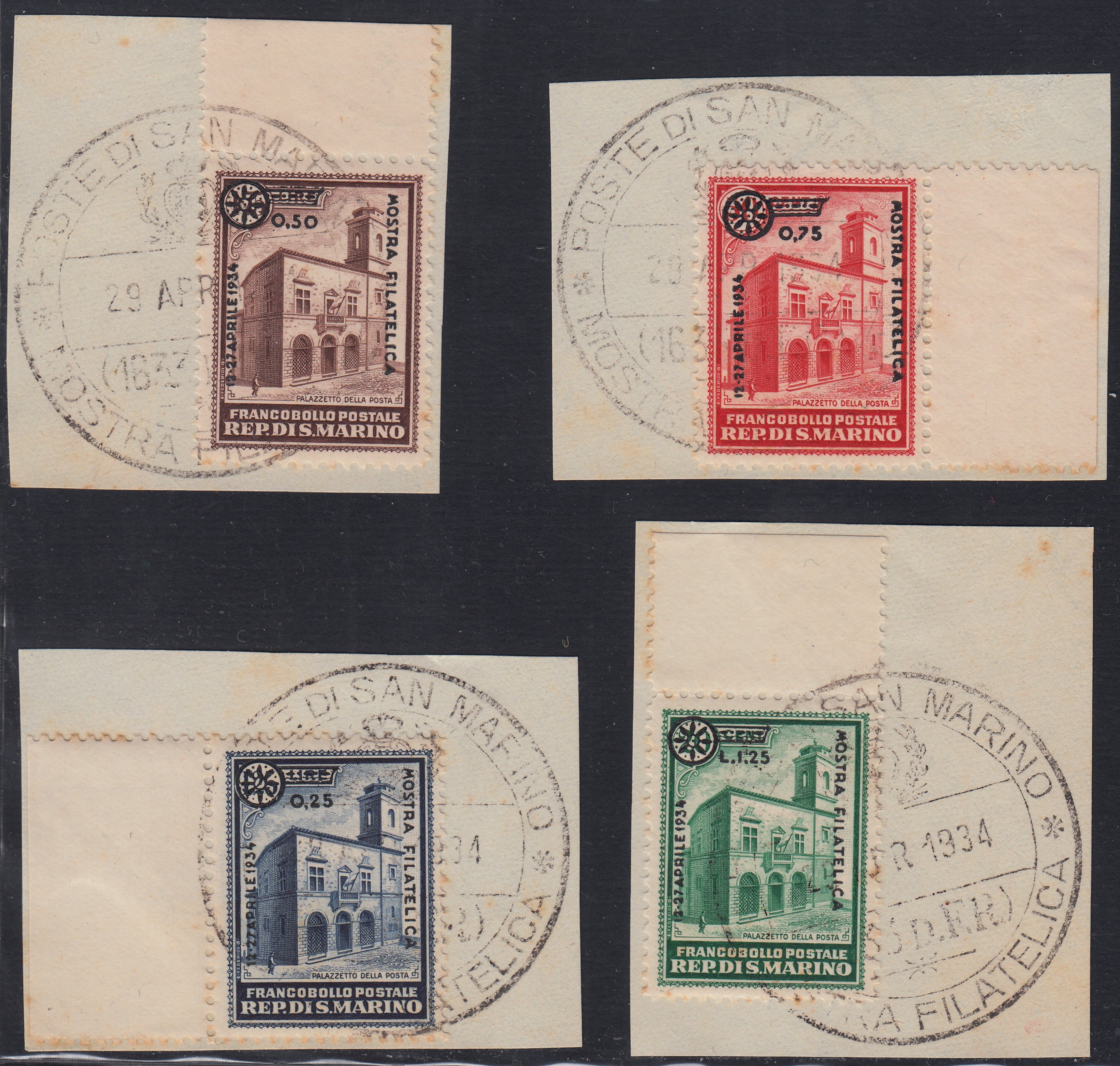 RM10_94 - 1934 - Fiera di Milano, serie "Palazzetto della posta" soprastampata con diiture dedicate, serie completa su frammento con annullo del 29/4/1934 (180/183)