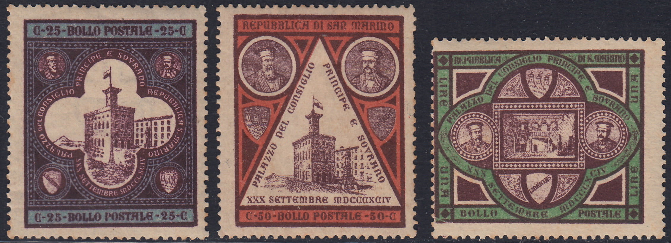 RM10_98 - 1894 - Inaugurazione del Palazzo del Governo, serie di tre esemplari nuova con gomma originale (23/25)