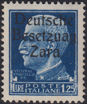 RM10_9 - 1943 - Occupazione tedesca di Zara, L. 1,25 azzurro soprastampato "Deutsche BesetzuAg Zara" nuovo con gomma integra (10a)