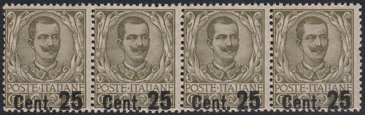 RN110 - 1925 - Floreale c. 25 su c. 45 oliva striscia di quattro esemplari con soprastampa spostata in basso, nuova integra (177ea)