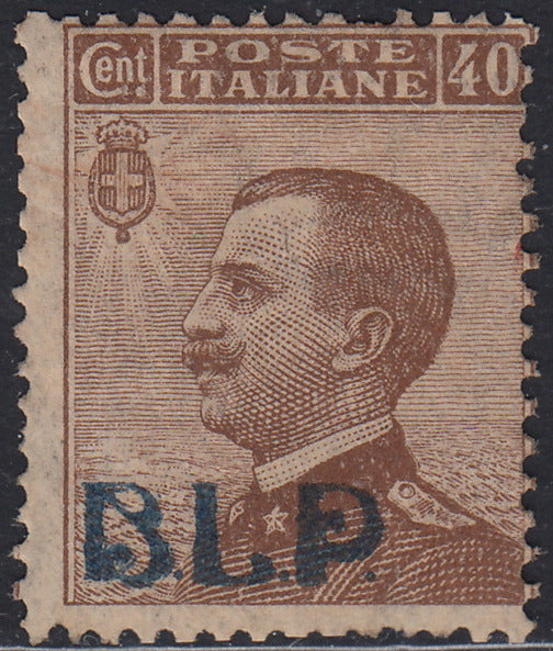 RN173 - 1921 - Francobollo di Regno tipo Michetti c. 40 bruno, soprastampa azzurro nera B.L.P. litografica del I tipo, nuovo con gomma originale (4A)