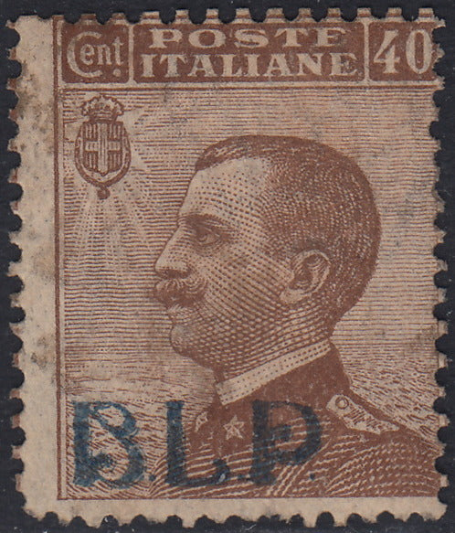 RN175 - 1921 - Francobollo di Regno tipo Michetti c. 40 bruno, soprastampa azzurro nera B.L.P. litografica del I tipo, nuovo con gomma integra (4A)