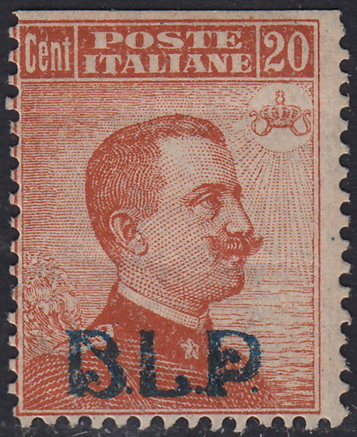 RN178 - 1921 - Francobollo di Regno tipo Michetti c. 20 arancio, soprastampa azzurra  B.L.P. litografica del I tipo, nuovo con gomma originale (2)