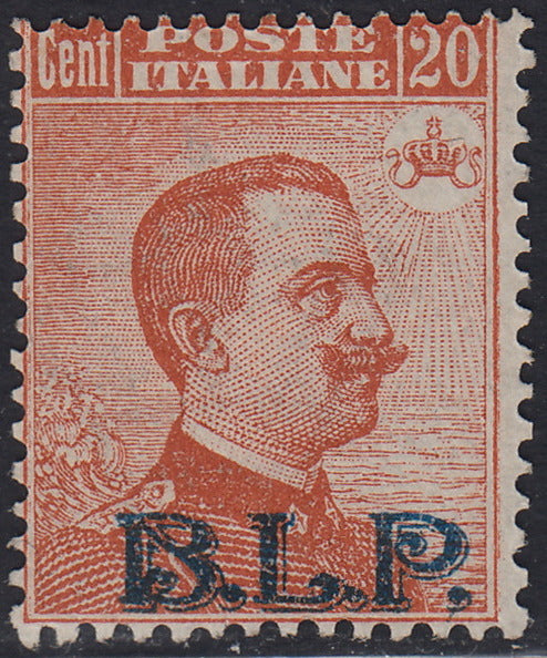 RN179 - 1922/23 - Francobollo di Regno tipo Michetti c. 20 arancio, soprastampa azzurra  B.L.P. litografica del II tipo, nuovo con gomma integra (7)